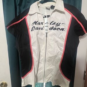 Harley-Davidson White & Black Zip-Front Shirt with orange Trim